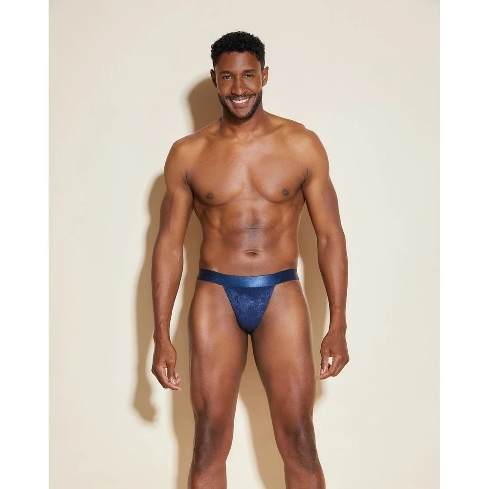 Cosabella Navy Blue Floral Lace Jockstrap Mens Satin Waistband Sheer Underwear